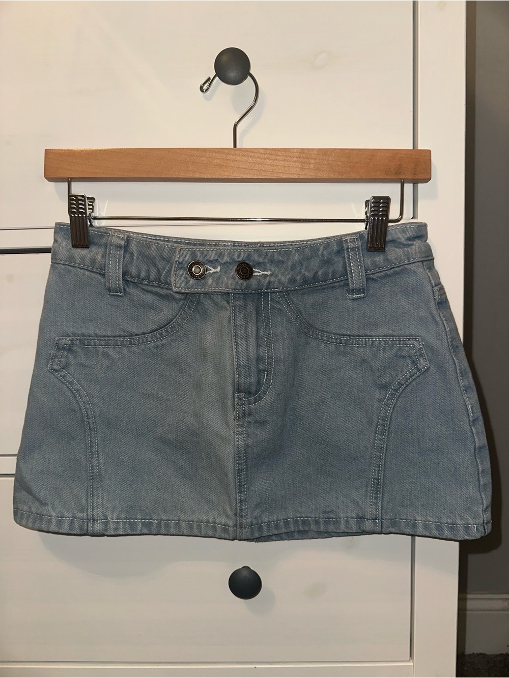 Edikted Light Blue Denim Mini Skirt with Front Pockets